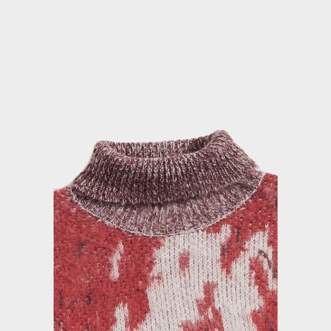 Women’s Oversized Tie-Dye Knitted Sweater - High Collar, Loose Fit, Streetwear, Red