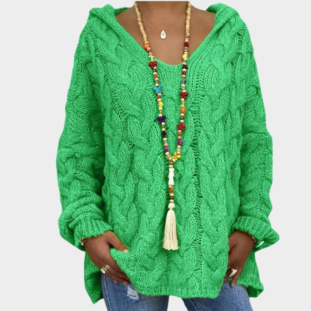 Women’s Hooded V-Neck Knitted Sweater - Long Sleeve, Twist Knit, Solid Color Loose Pullover, Red, Green, and More