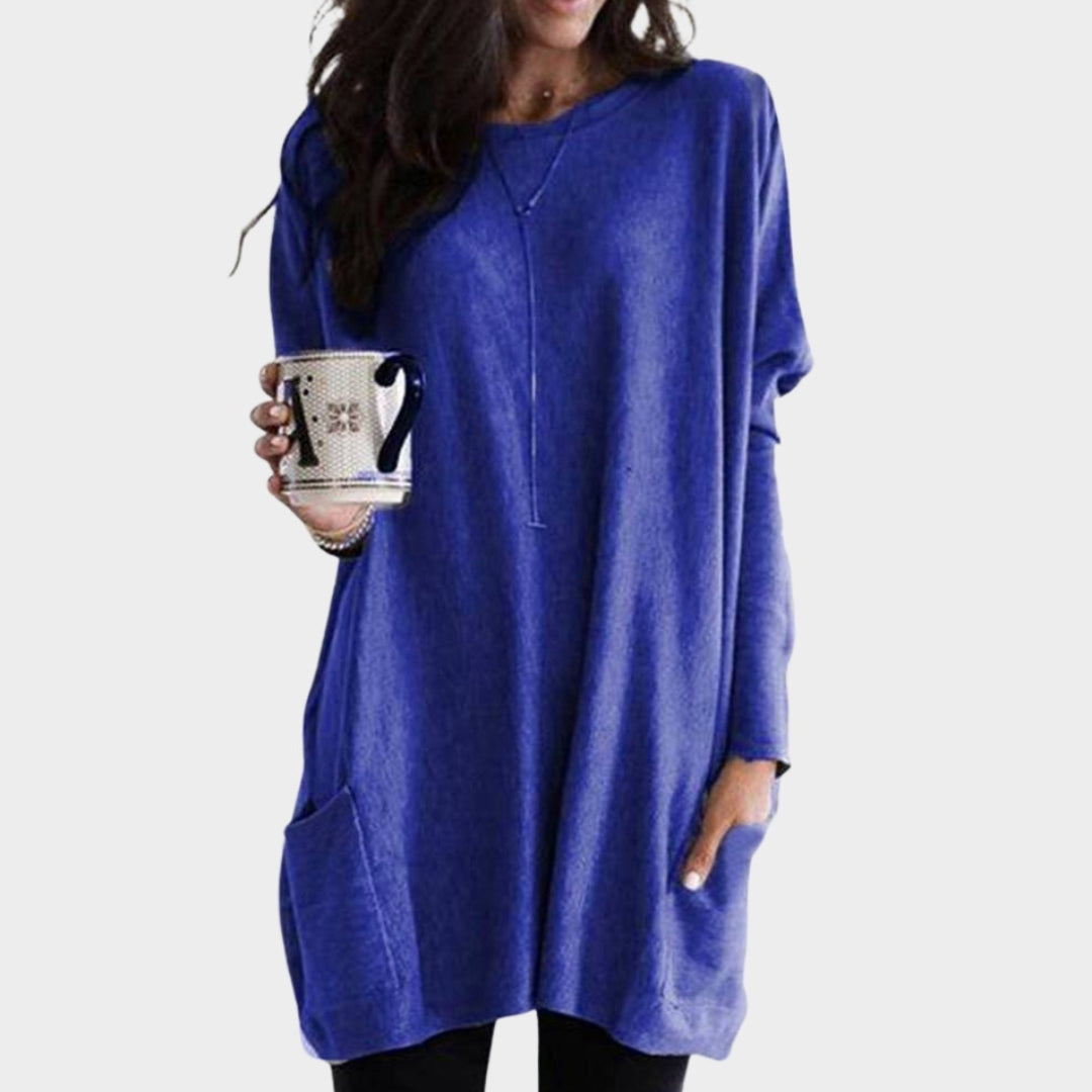 Women’s Long Sleeve Tunic Top - Casual Loose Sweater with Pockets, Plus Size Pullover, Grey, Black, Peacock Blue, and More