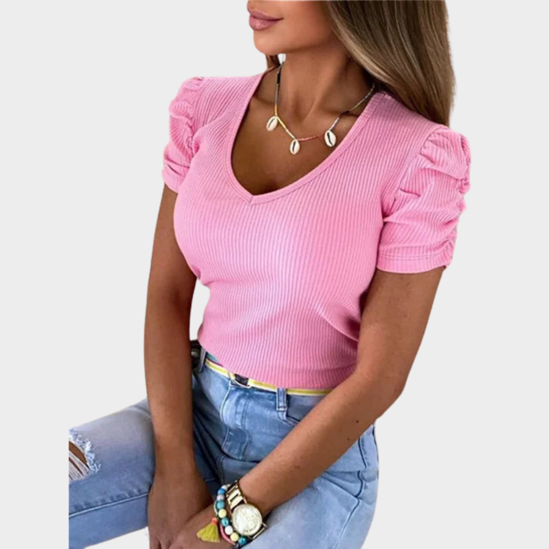 Women’s Puff Sleeve V-Neck Pullover Top – Slim Fit Stretch Casual T-Shirt – Lightweight Ribbed Knit Style – Multiple Colours