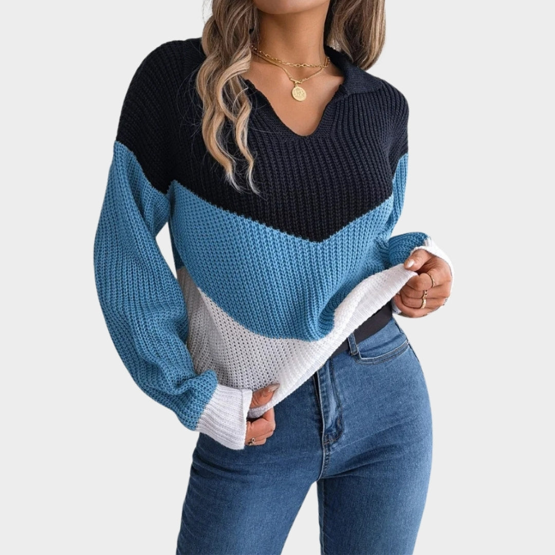 Autumn Winter Lapel Women’s Sweater - Thickened Warm Knit, Lantern Sleeve, Patchwork, Multi-Color