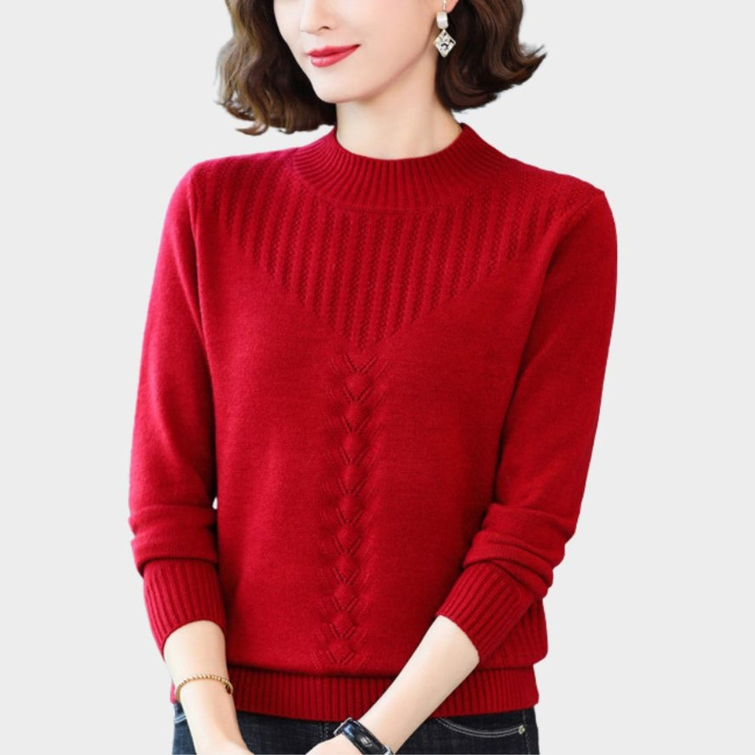 Women’s Half Turtleneck Sweater – Knitted Pullover, Twisted Flower Design, Warm Autumn/Winter Top