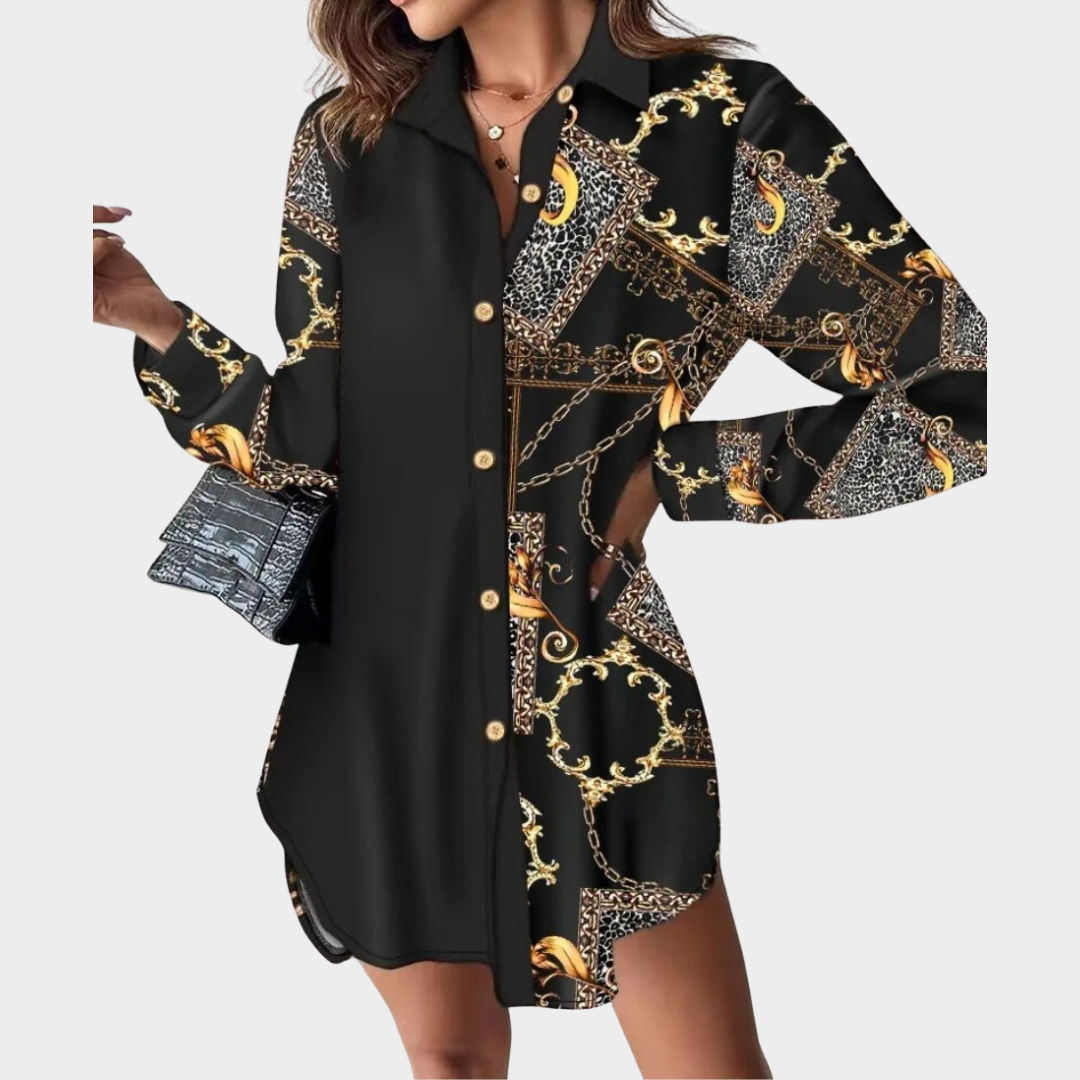 Women's Long Sleeve Shirt Dress – Casual Loose Fit with Leopard Print Patchwork and Button Front – Office and Street Style – Multiple Colours
