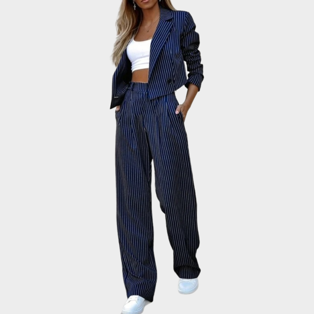 Women’s Two-Piece Suit Set – Notched Collar Blazer with Straight-Leg Trousers – Elegant Striped Design – Multiple Colours