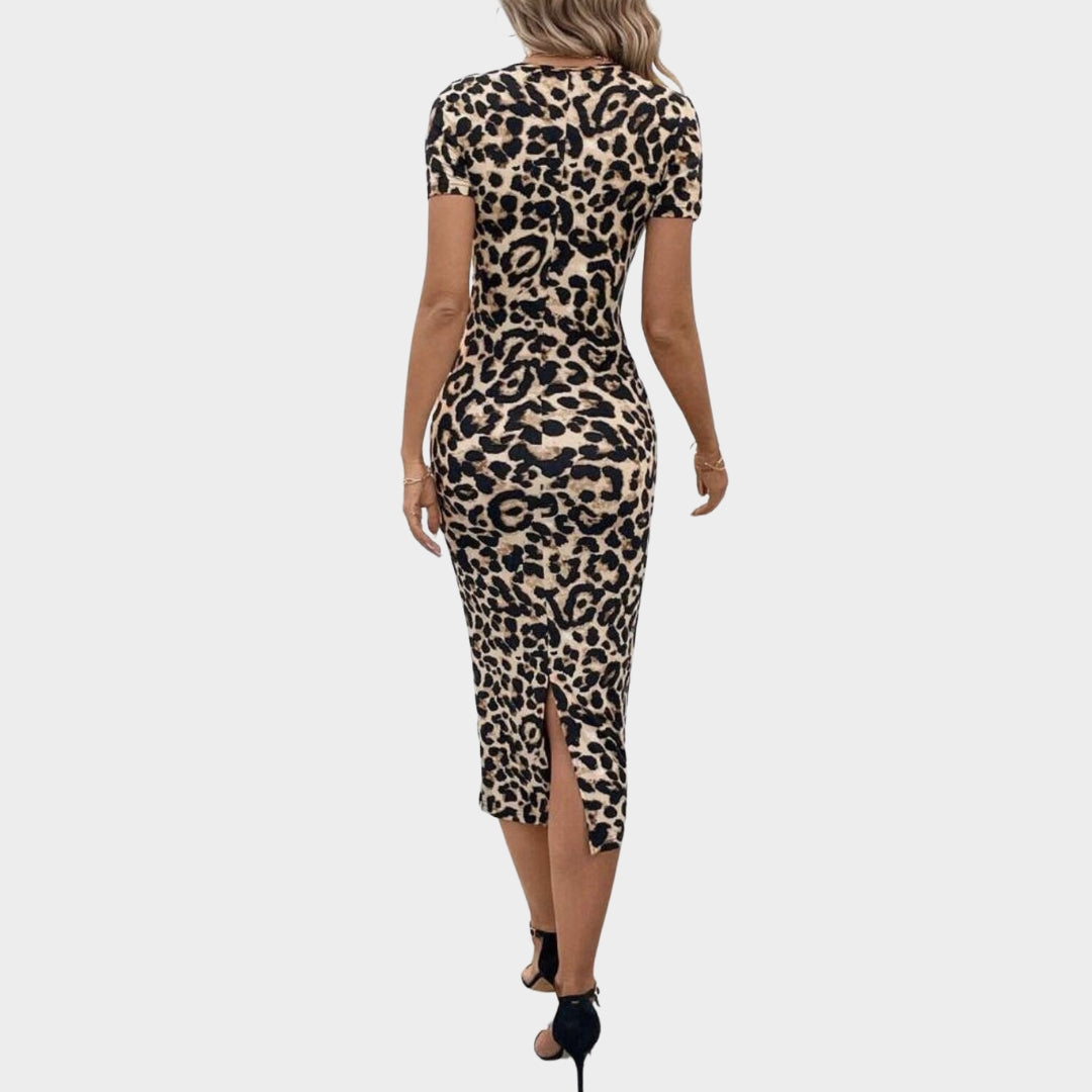 Women's Leopard Print Midi Dress - Short Sleeve Bodycon Dress - Khaki