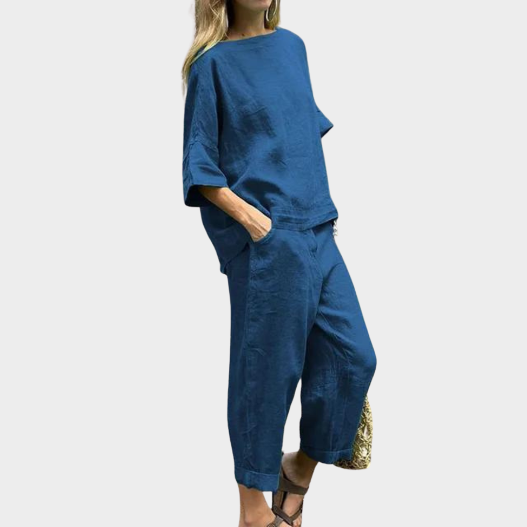 Women's 2-Piece Cotton Linen Set – Loose-Fit Shirt & High-Waisted Trousers – Multiple Colours