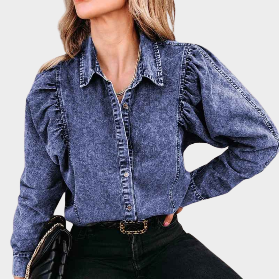 Women's Denim Blouse - Puff Long Sleeve Boho Shirt - Loose Fit Vintage Cotton Top - Multiple Colours