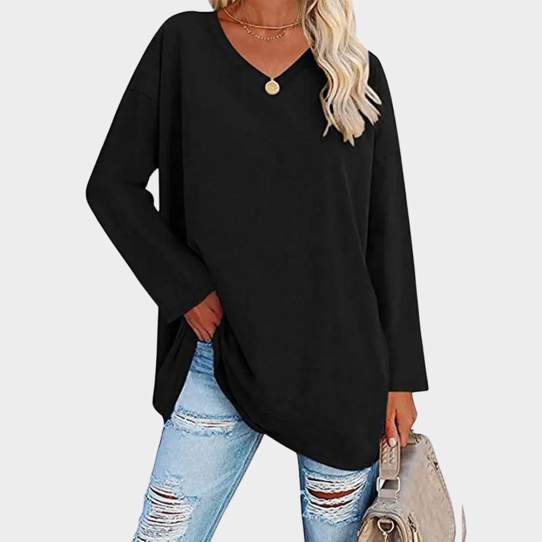 Women’s Loose Fit Knit Top – Long Sleeve V-Neck Blouse – Lightweight Solid Fabric – Multiple Colours