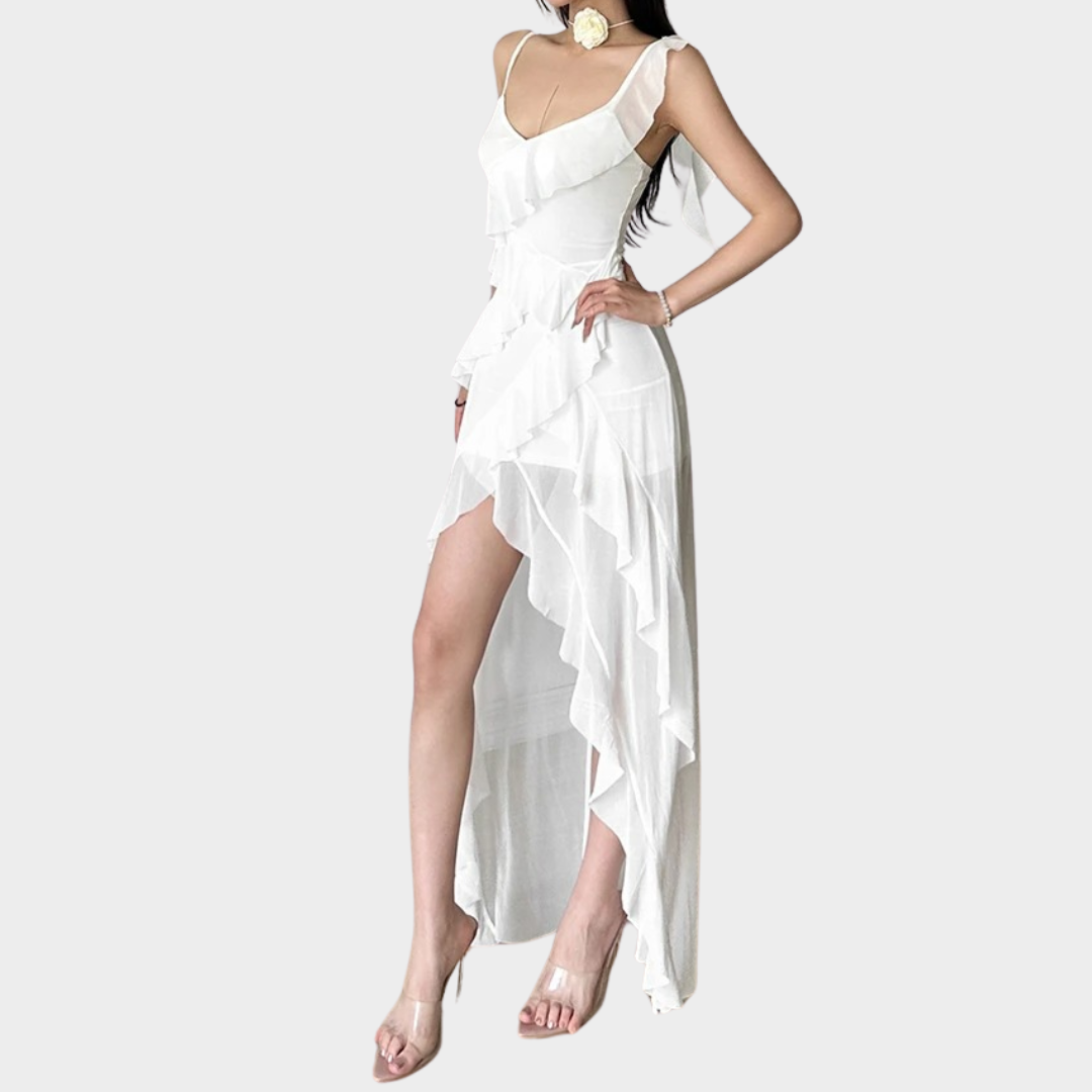 Women’s Tassel Ruffle Long Dress – Elegant Spaghetti Strap Fit – Lightweight Perspective Style – White