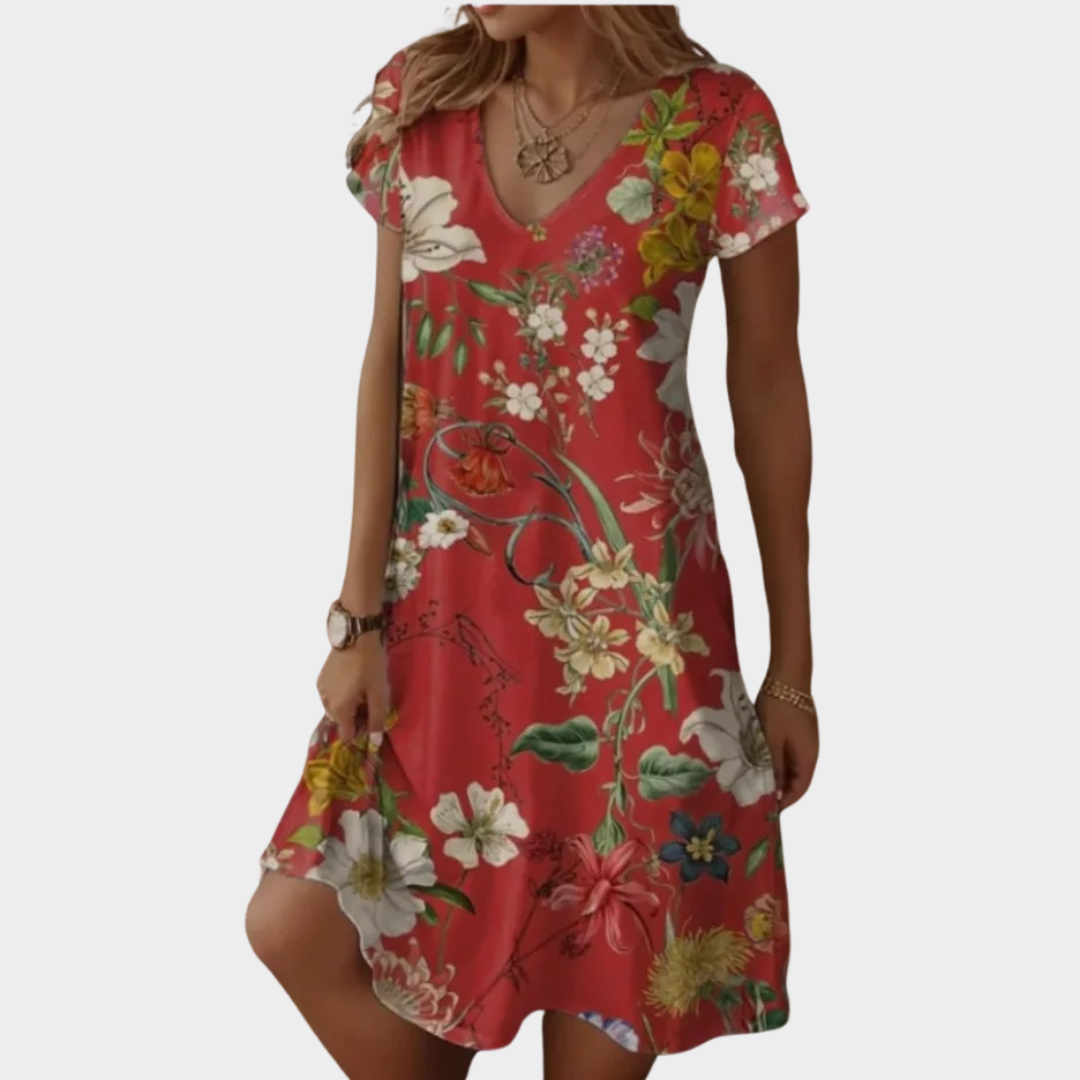 Women’s Casual Swing Dress – V-Neck Printed Midi Dress – Lightweight Fit – Cotton-Poly Blend – Relaxed Silhouette – Multiple Colours
