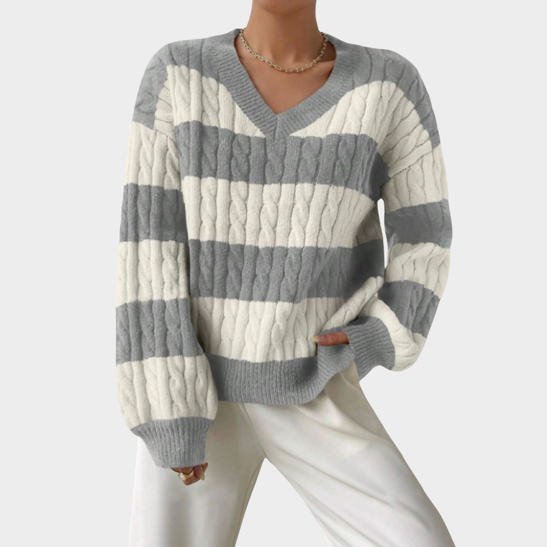 Women Striped Knitted Jumper – V Neck Long Sleeve Loose Fit Casual Pullover Sweater with Soft Stretch Fabric – Comfortable Everyday Style – Multiple Colours