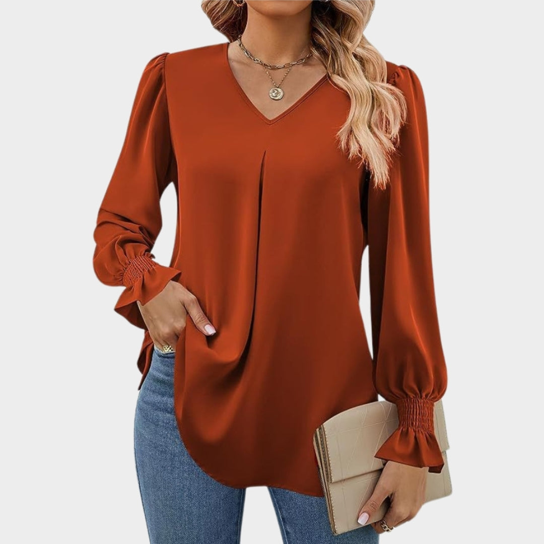 Women’s Chiffon V-Neck Blouse - Long Flared Sleeve Shirt, Loose Fit, Elegant Office Top