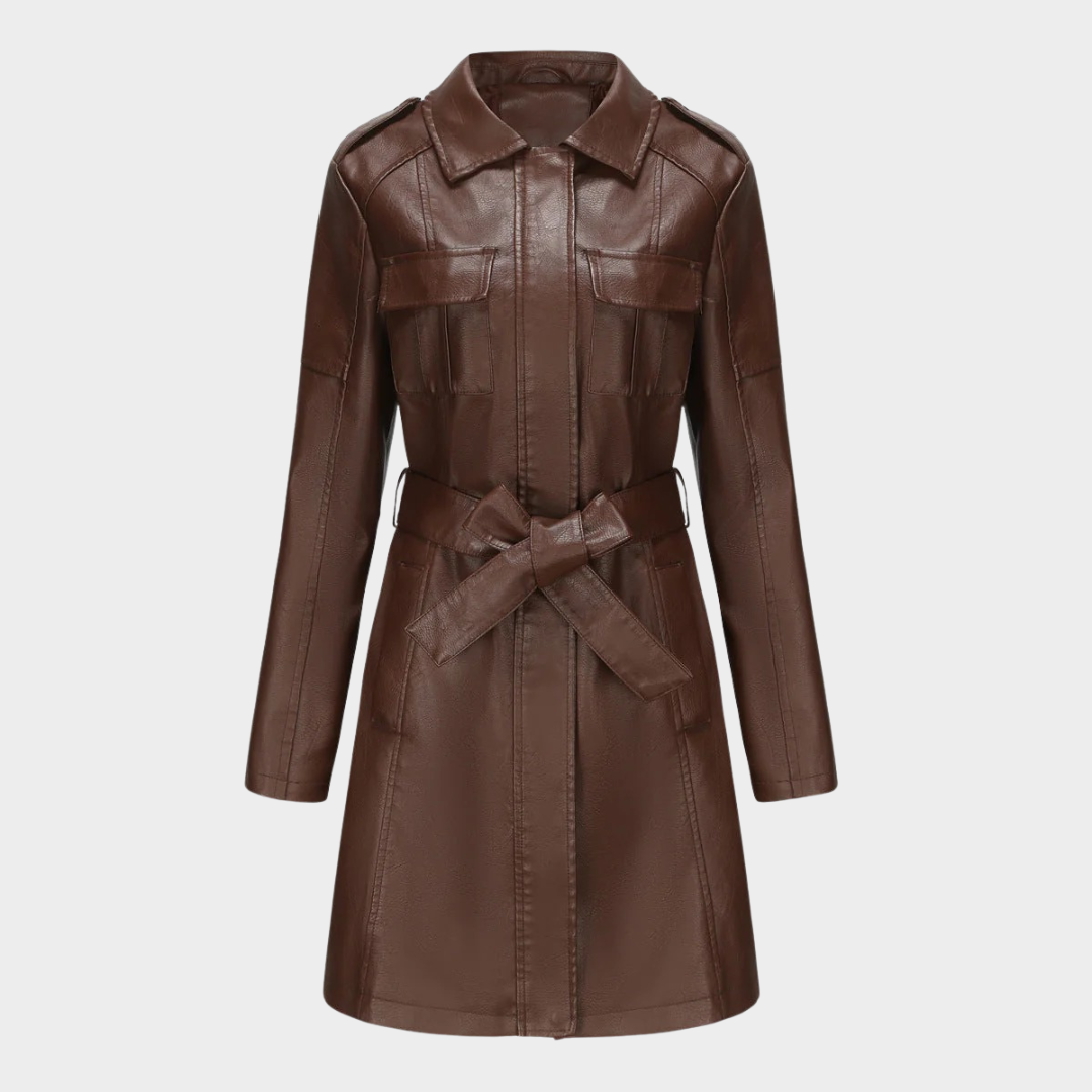 Women’s Faux Leather Trench Coat – Mid-Length Slim Fit Belted Jacket with Turn Down Collar – Multiple Colours