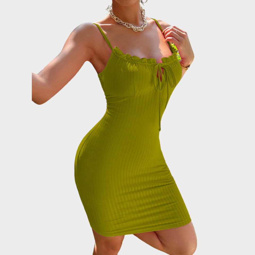 Women's Spaghetti Strap Mini Dress – Ruffled Lace-Up – Bodycon Fit – Multiple Colours