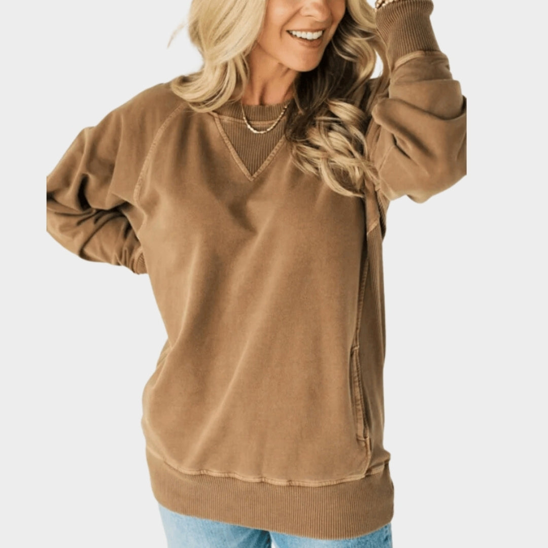 Women’s O-neck Sweater Shirt - Solid Color Long Sleeve Pocket Top, Casual Loose Fit, Apricot, Black Ash, and More