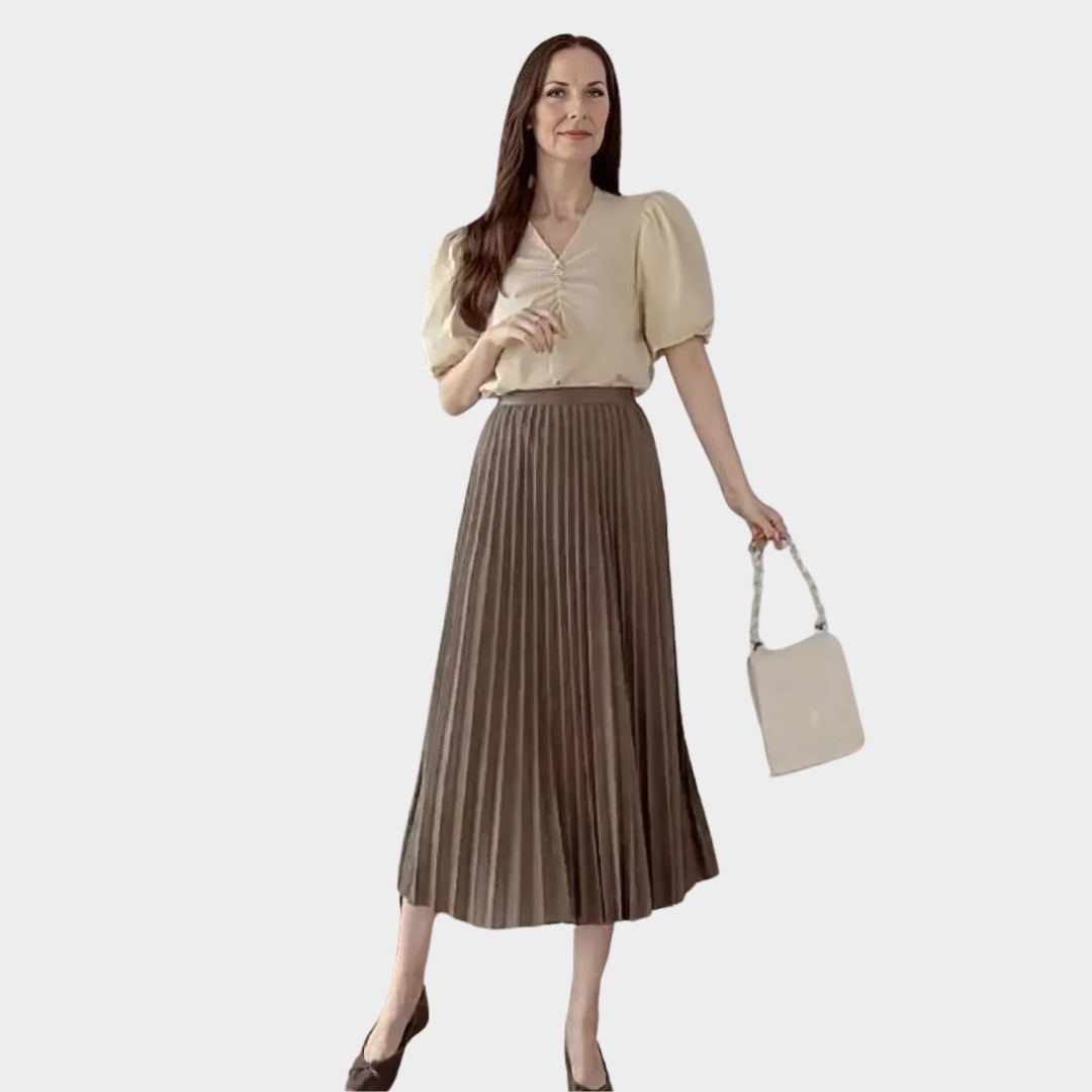 Women’s High Waist Pleated A-Line Skirt - Versatile Swing Skirt, Mid-Length, Black, Beige, Dark Brown