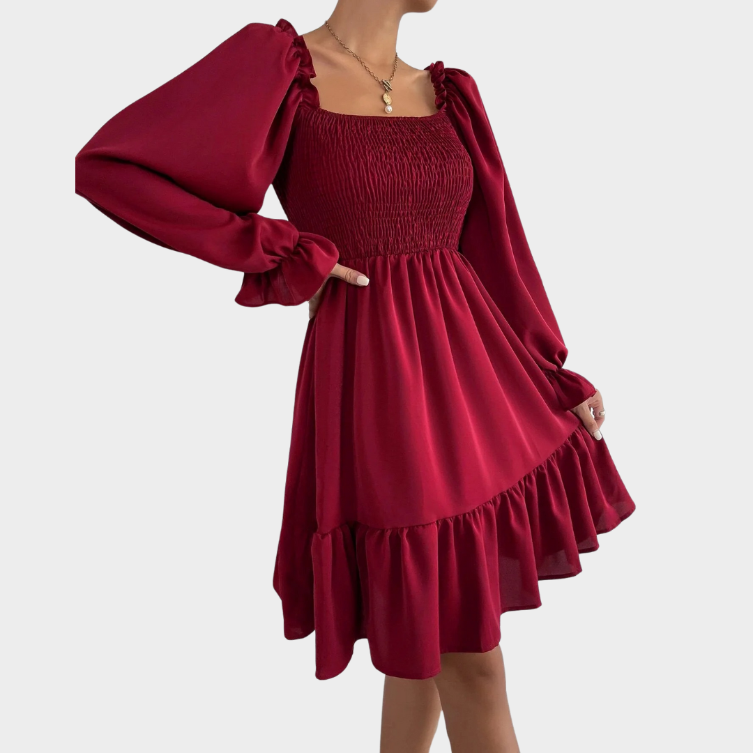 Women’s Long Sleeve Ruffle Hem Dress – Square Neck Solid Colour Fit – Bell Sleeves with Seam Detail – Soft Fabric Casual Style – Multiple Colours