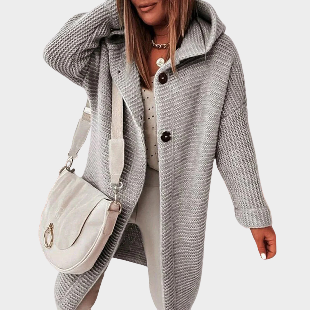 Women's Hooded Knit Cardigan Jacket – Button Front – Long Sleeve Loose Fit – Casual Outerwear – Multiple Colours