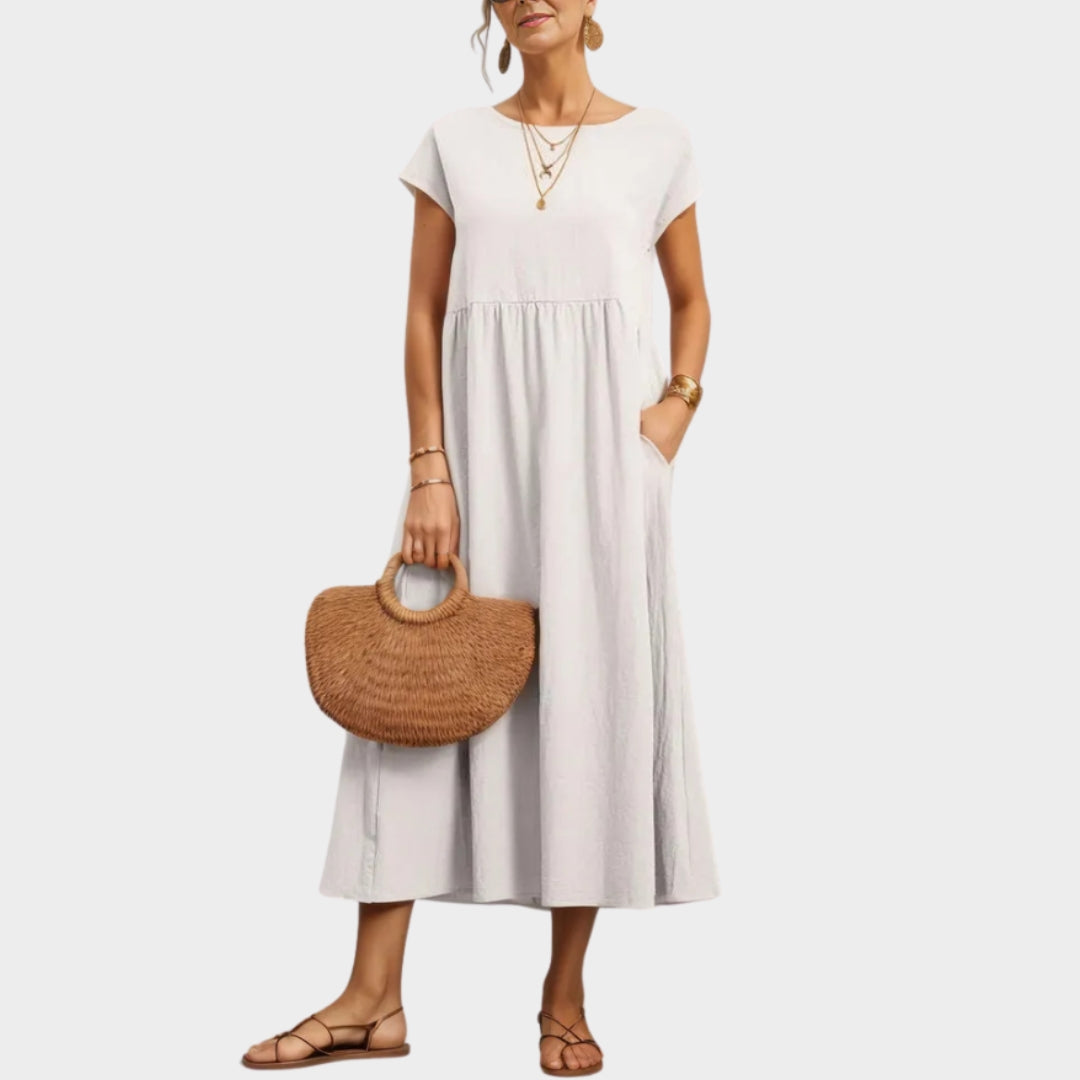 Women's Long Cotton-Linen Dress O-Neck Relaxed Fit Vintage Sun Dress - Multiple Colors