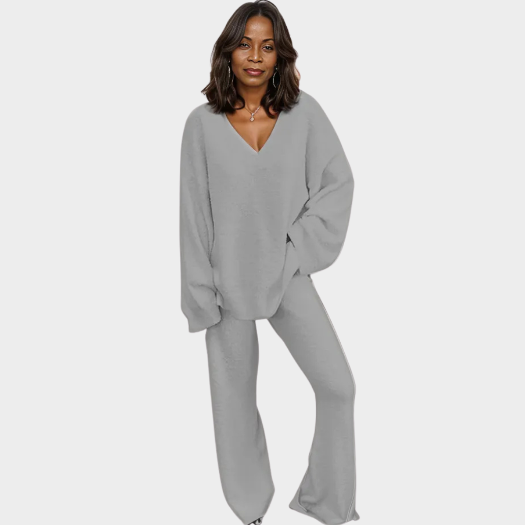 Women's Two-Piece Pantsuit – V-Neck, Solid Color, Winter Casual Wear (White, Pink, Grey, Blue, Black)