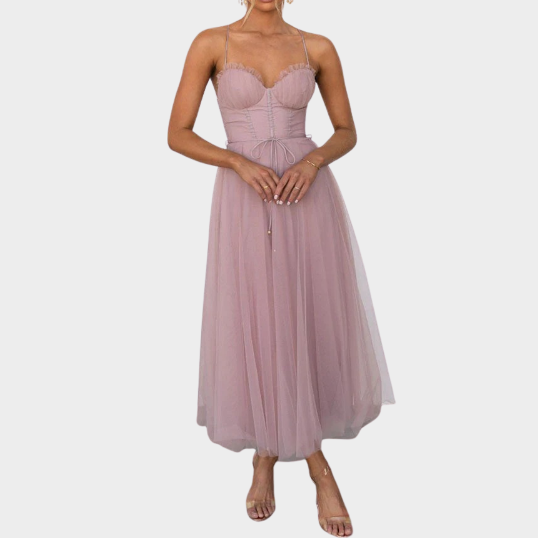 Women’s Long Backless Chiffon Dress – Spaghetti Strap Party Gown with Low Cut Lace-Up Back – Lightweight Mesh Fit – Multiple Colours