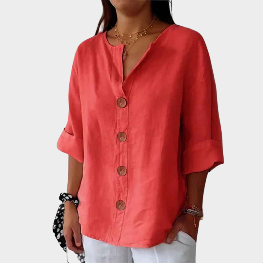 Women V-Neck Blouse – Loose Fit Button Front Cotton Linen Shirt – Multiple Colours