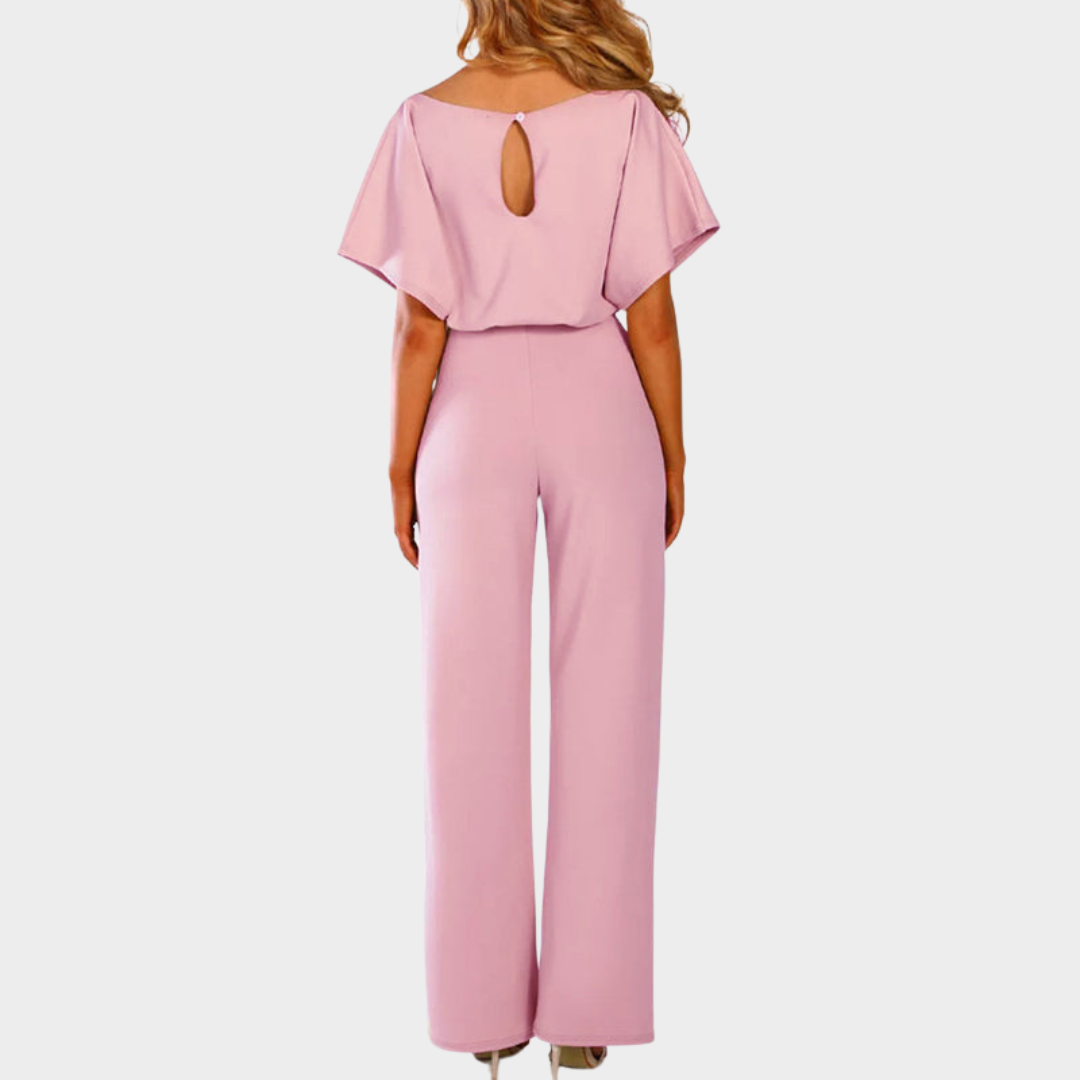 Women's Jumpsuit – Elegant Short Sleeve – Hollowed Waist – Tie Belt – Wide-Leg – Multiple Colours