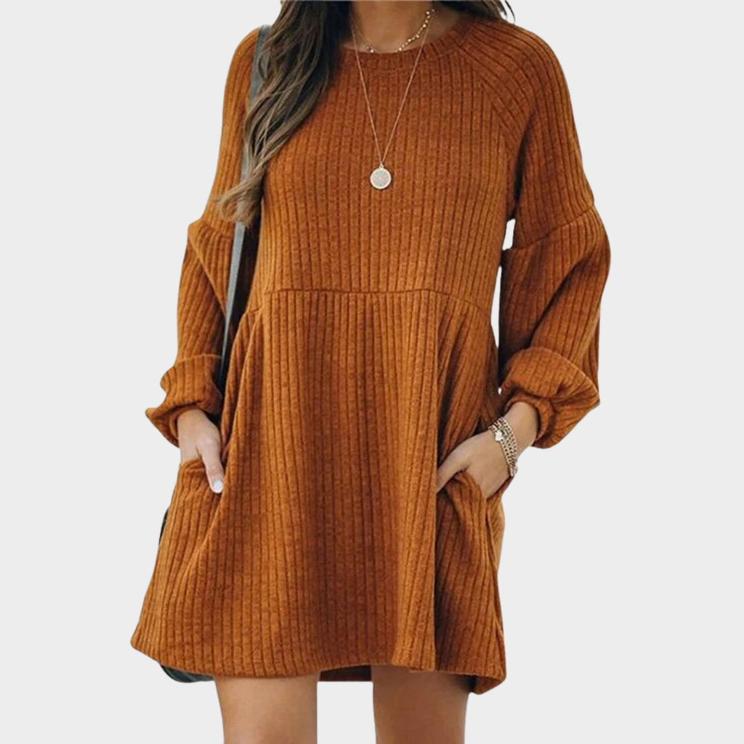 Women Knitted A Line Dress – O Neck Lantern Sleeve Ribbed Mini Dress – Loose Hem Casual Fit – Multiple Colours