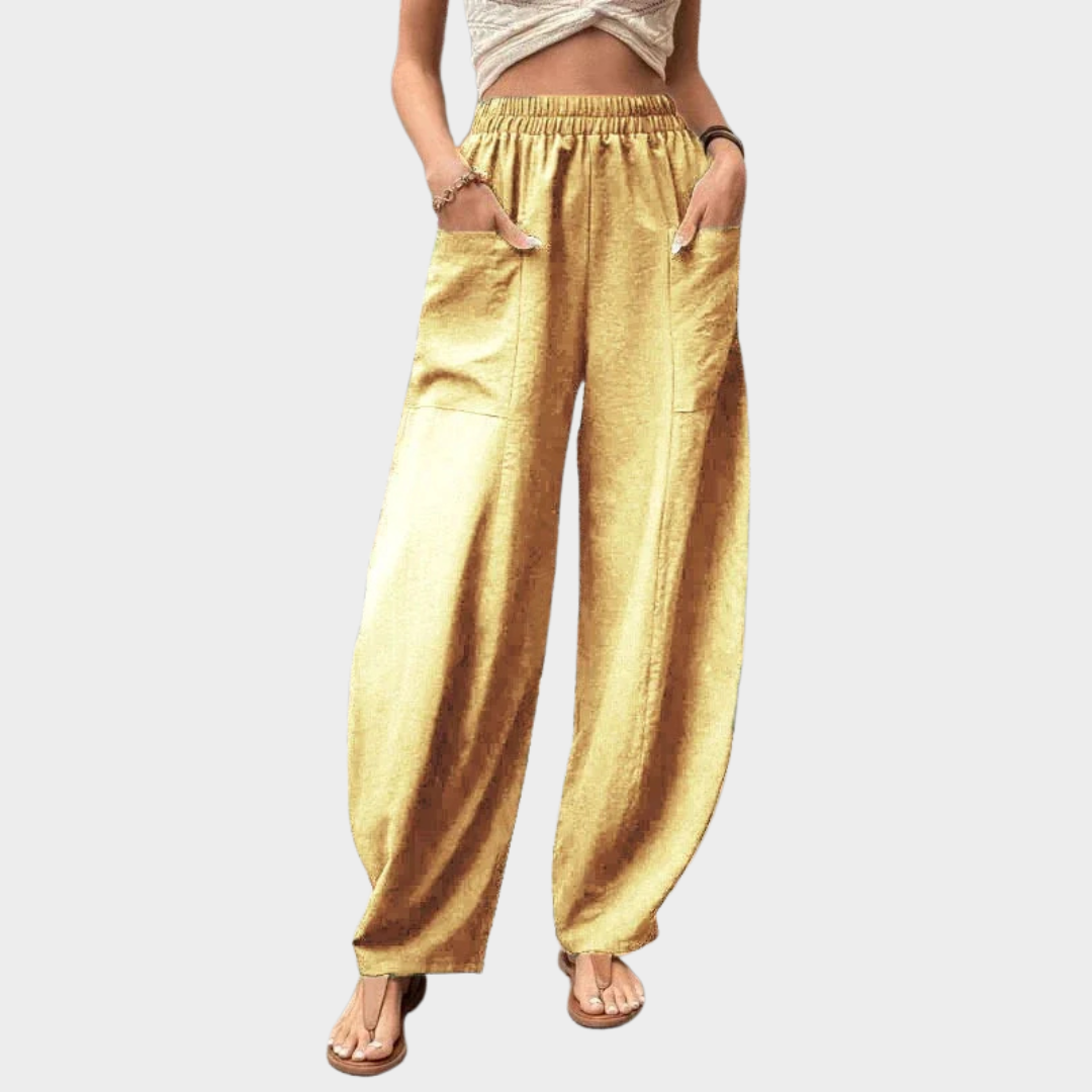 Women’s High Waist Wide Leg Trousers – Elastic Waist with Pockets – Vintage Solid Colour – Comfortable Fit – Multiple Colours