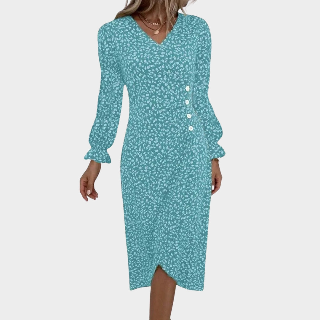Spring Floral Bodycon Midi Dress – Women’s V-Neck, Long Sleeve, Close Fit, Vestido in Green, Black, Red, Blue