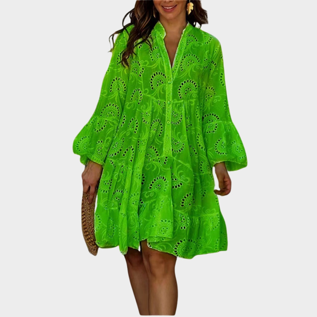 Spring Summer Women’s V-Neck Lace Dress – Solid Color, Embroidered, Hollow Design, Casual Loose Fit
