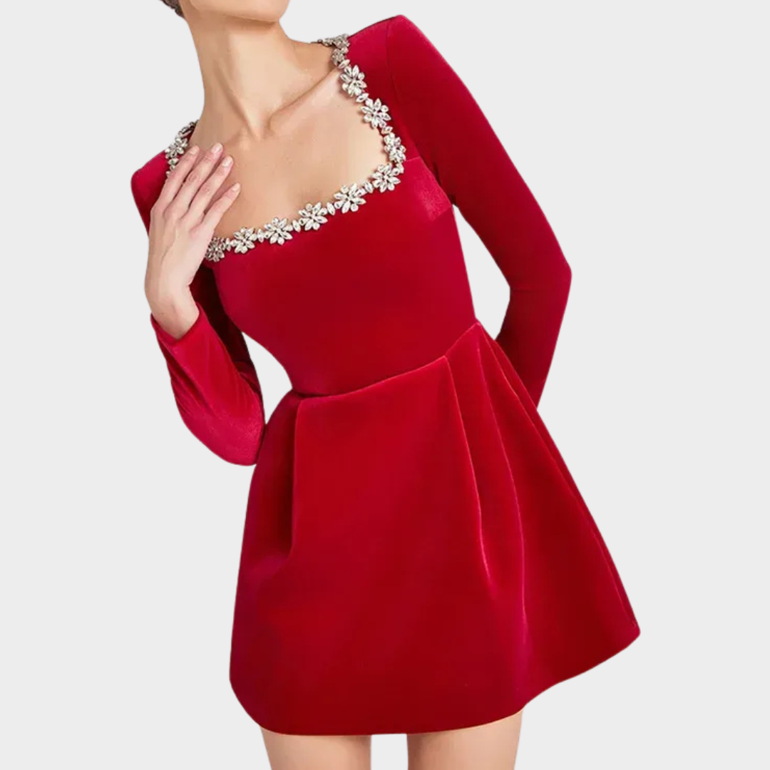 Women Velvet Crystal Dress – Elegant Evening Wear with Square Neckline and Crystal Embellishments – Slim Structured Fit – Multiple Colours