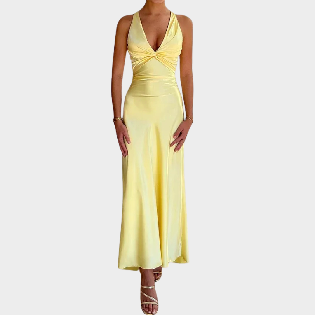 Women’s V-Neck Long Dress – Slim Satin Backless Party Gown with Straps – Multiple Colours