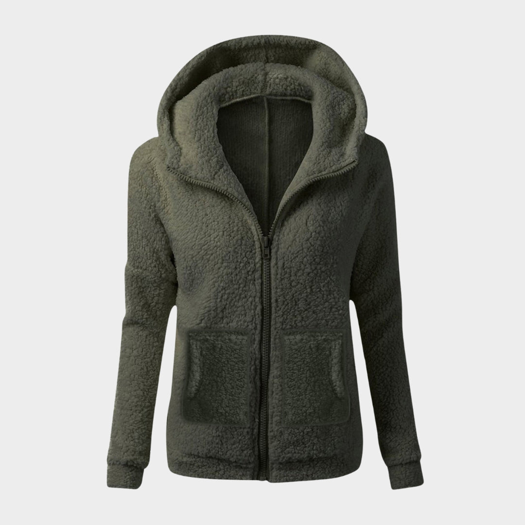 Women’s Hooded Plush Zip-Up Coat – Soft Loose Sweatshirt, Solid Color, Warm Top for Autumn & Winter, Pink, Beige, Black