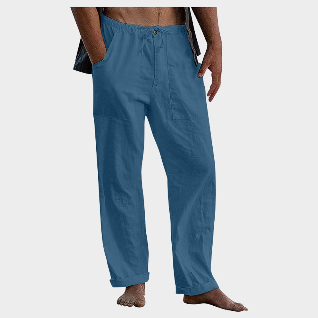 Men's Cotton Linen Trousers - Relaxed Fit - Elastic Waist with Drawstring - Breathable Beach & Lounge Pants