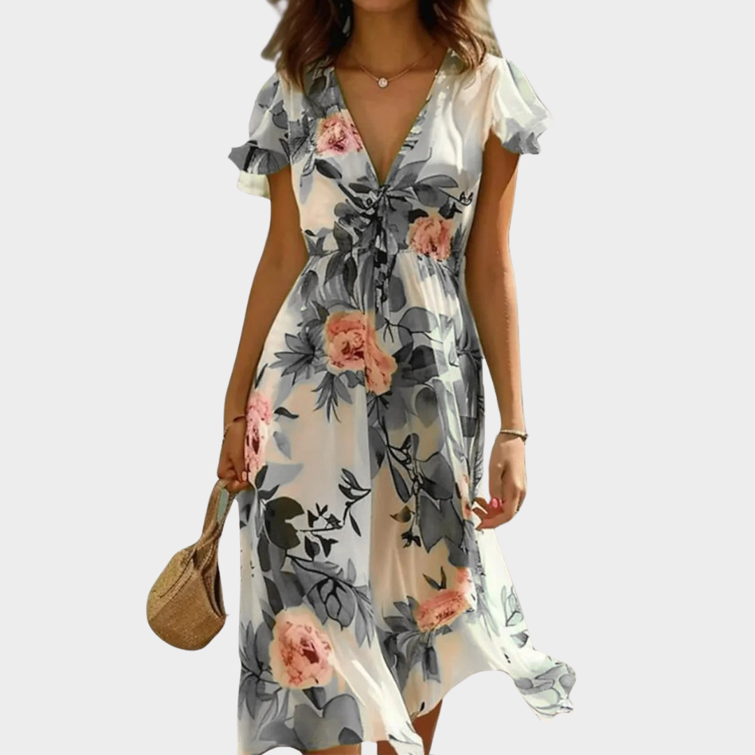 Women’s Floral Print Midi Dress – Elegant V-Neck Lace-Up Party Dress – Short Sleeve Bohemian Style – Lightweight Polyester – Multiple Colours