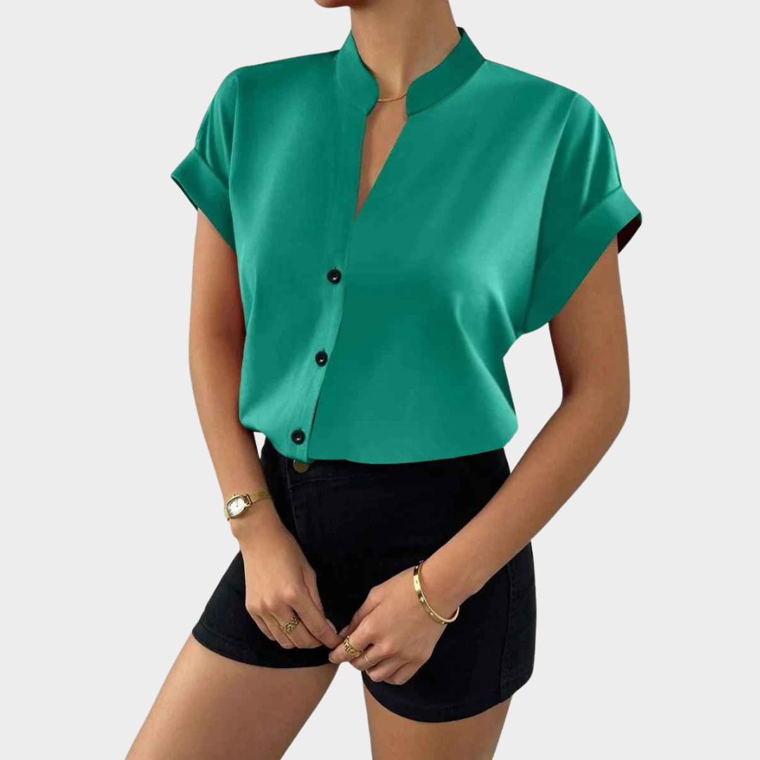 Women Bodycon Blouse – PU Leather Shirt with Fold Detail and Button Collar – Multiple Colours