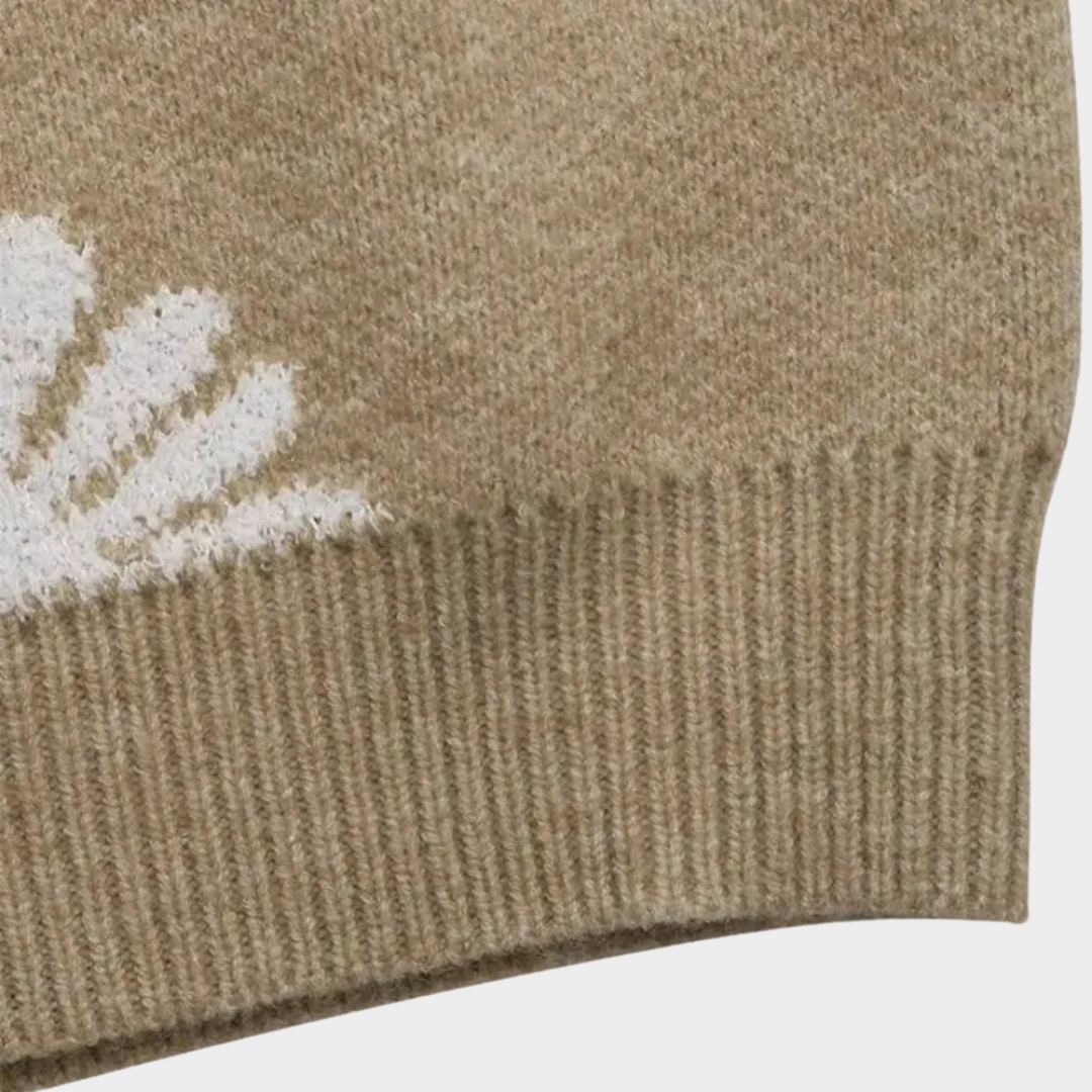 Women’s Knitted Sweater – Floral Pattern – Soft & Breathable – Relaxed Fit – Beige