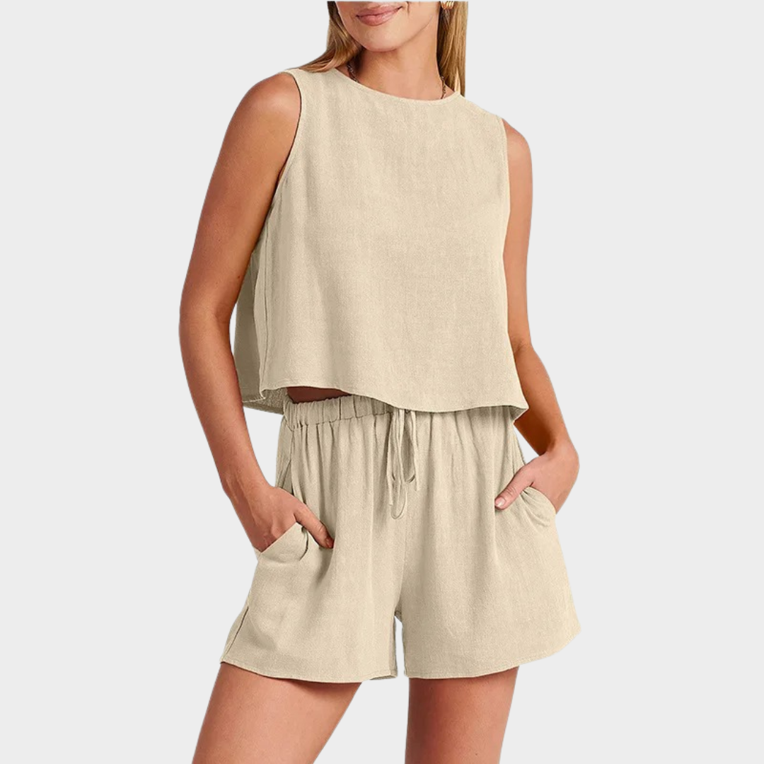 Women’s Sleeveless Linen Two-Piece Set – Button-Back Top and Shorts – Lightweight Soft Fabric – Relaxed Fit Casual Outfit – Multiple Colours