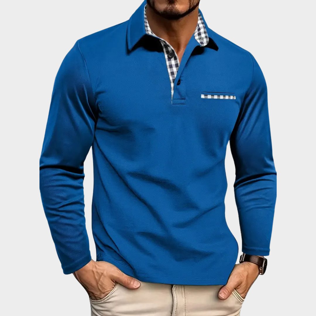 Men Premium Long Sleeve Polo Shirt – Tailored Regular Fit with Check Collar Detail – Cotton Polyester Blend – Multiple Colours