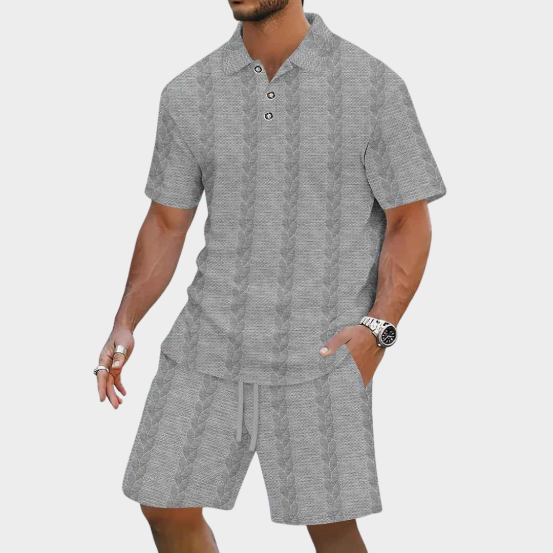 Men's Co-Ord Set – Jacquard Solid Colour Lapel Short Sleeve Shirt with Drawstring Shorts – Casual Beach Style – Multiple Colours