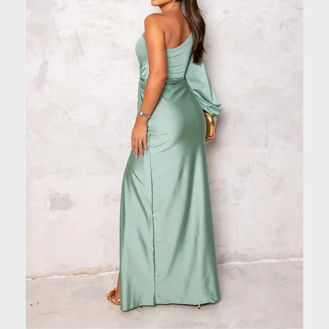 Women Evening Maxi Dress – Elegant Party Long Dress with Backless Split Design and Diagonal Collar Tight Waist Silhouette – Multiple Colours