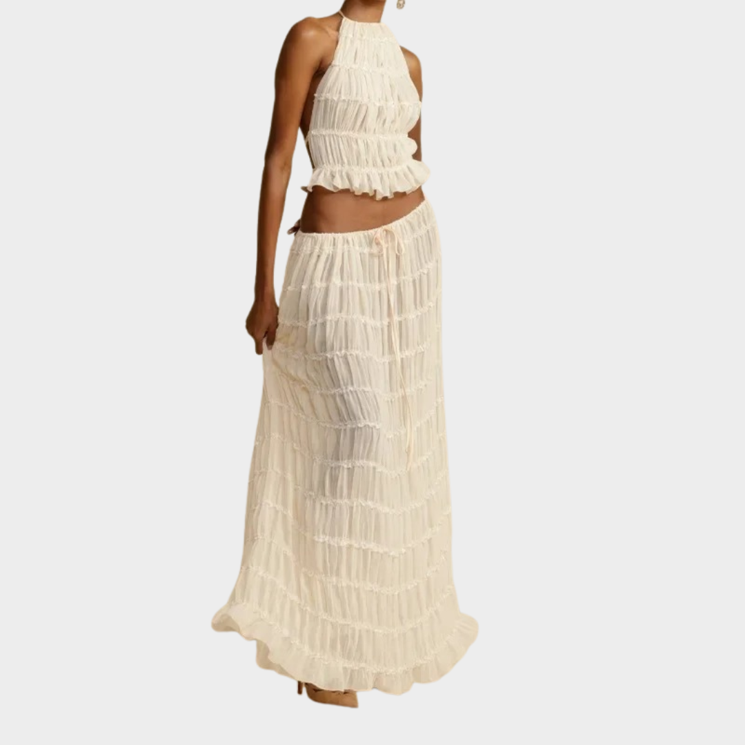 Women’s 2-Piece Halter Neck Skirt Set – Elegant Long Dress Style with Open-Back Top – Lightweight Fit – White