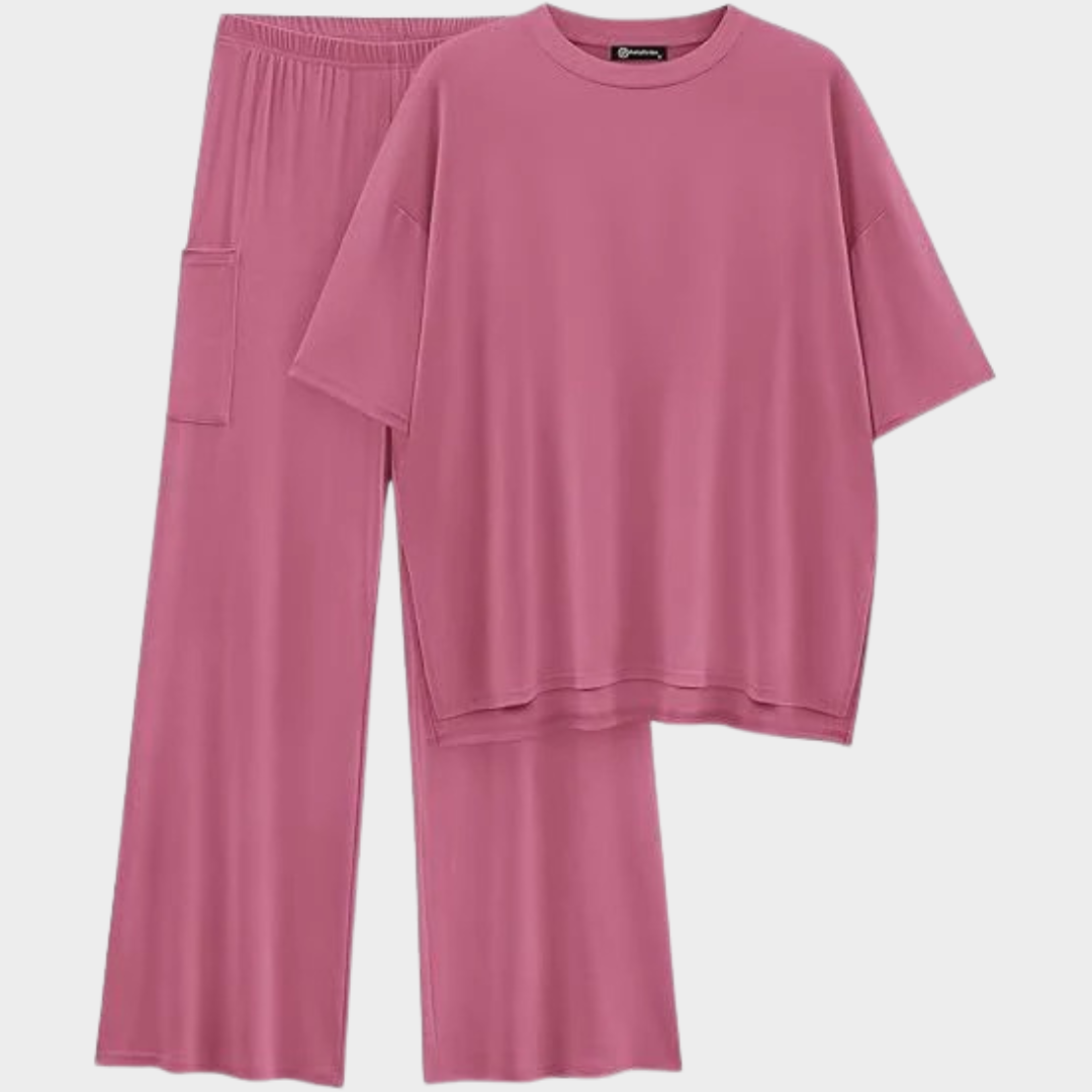 Women Two Piece Outfit – Casual Loose Set with Round Neck Top and Wide Leg Pants – Comfortable Polyester Blend – Multiple Colours
