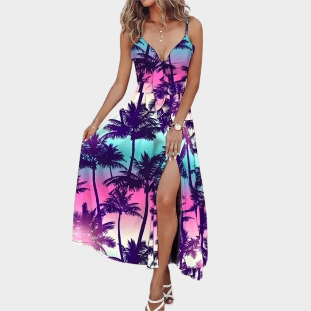 Women Floral Print Maxi Dress – V-Neck – Slim Fit – Sleeveless Backless – Lightweight Fabric – Multiple Colours