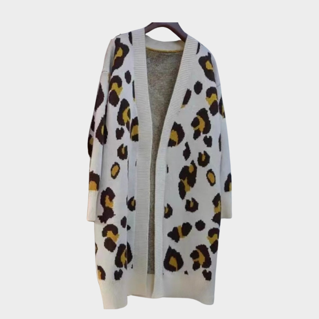 Women’s Leopard Pattern Cardigan - Long Knitted Open Front Sweater, Loose Fit, Apricot, Grey, Khaki