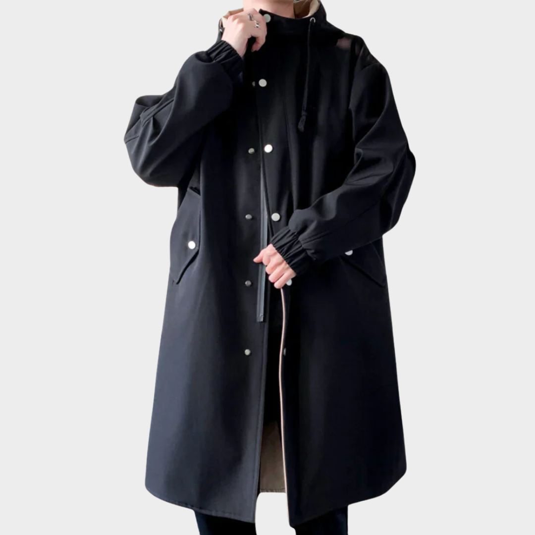 Men’s Long-Line Coat – Relaxed Fit Hooded Design – Snap Closure – Two-Tone Interior – Multiple Colours