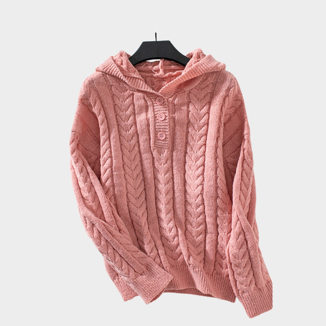 Women’s Hooded Turtleneck Sweater – Thick Cashmere Pullover, Khaki, Pink