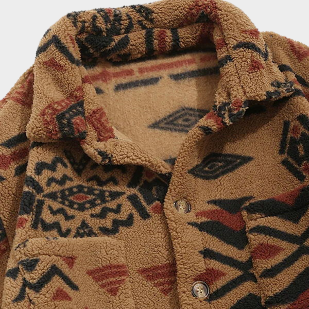 Men's Retro Fleece Jacket – Ethnic Style – Lapel Collar – Warm & Comfortable – Unique Design – Coffee
