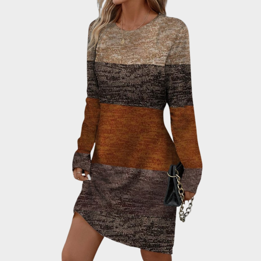 Women’s O Neck Long Sleeve Casual Dress – Knee Length, Printed, Office Style, Spring Autumn Wear